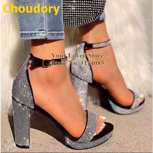 Choudory Bling Bling Chunky Heels Sandals Silver Black Crystal Platform Wedding Shoes Buckle Strap Glitter Party Shoes Size46