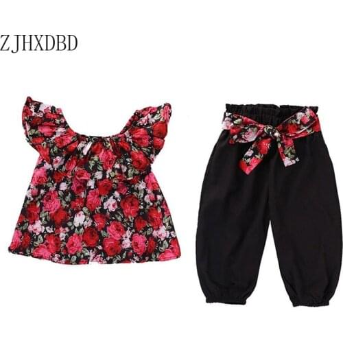 Red Floral Baby Toddler 2 Pieces Sets Childrens Clothing 2020 European and American Petal Sleeve Printed Bow Tie Top Pants Suit