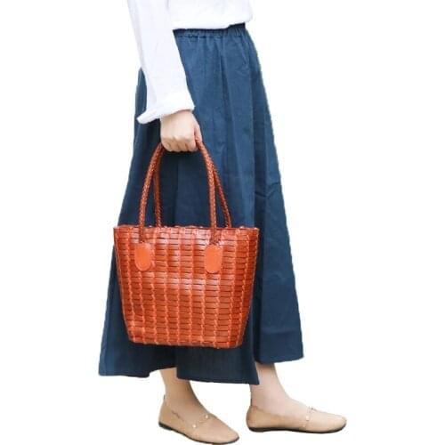 Handmade Two-sets Designer Genuine Leather Womens Knitted Bucket Purse String Closure Female Handbag Lady Single Shoulder Bag