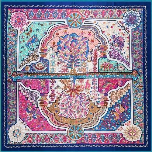 Best Selling 130x130cm Simulation Silk Famous Family Style Reflection Pachira Macrocarpa Lady Square H Scarf Shawl Blanket Throw