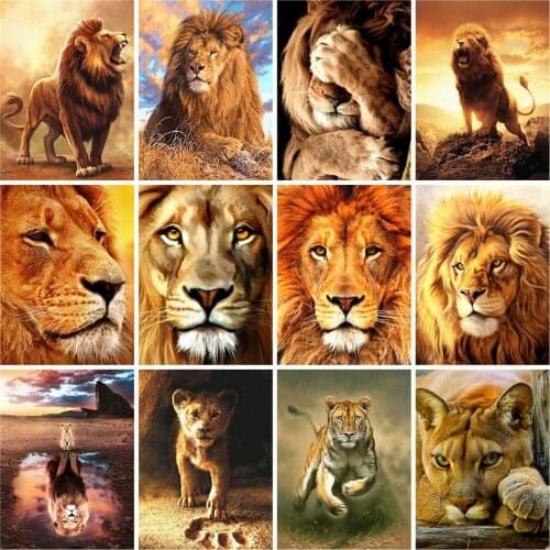 Huacan 5D Mosaic Diamond Painting With Square Rhinestones Lion Diamond Embroidery Beads Sets Animal Wall Paintings