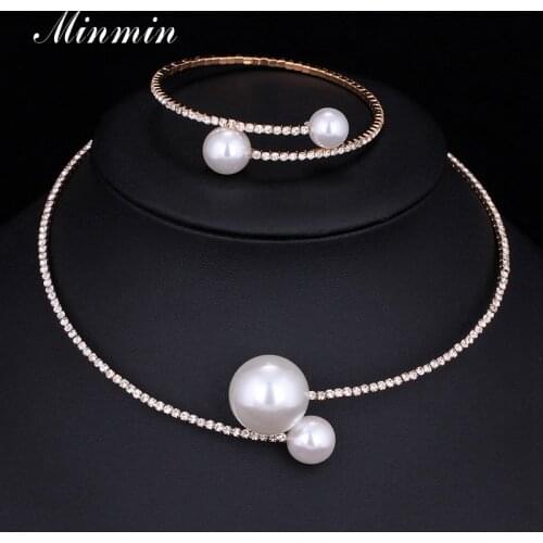 Minmin 2019 Synthetic Pearl Crystal Jewelry Sets Gold Color Necklace Bracelet Sets for Women Fashion Wedding Jewelry Sets MTL415