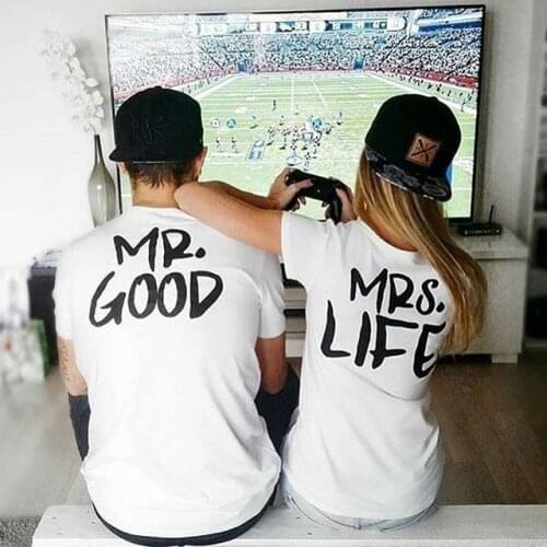Fashion Lovers Print Letter MR. GOOD and MRS. LIFE mens and womens T-shirt Cotton Short Sleeve Tee