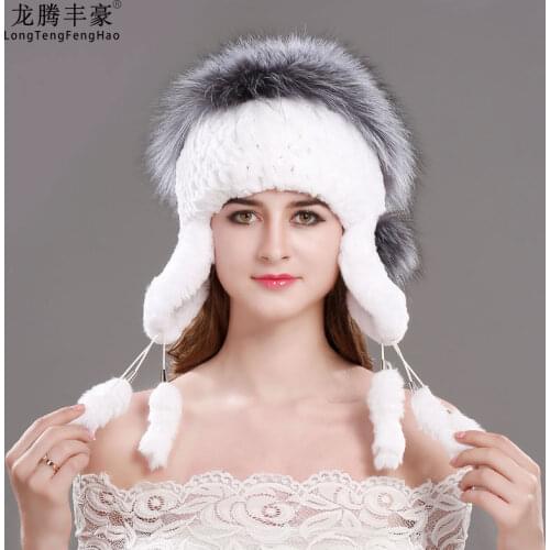 Winter Fur Hat For Women Real Rex Rabbit Hat With Fox Fur Pom Poms Madam Beanie Hat Hand Knitted Knitted Fur Earcap Lady