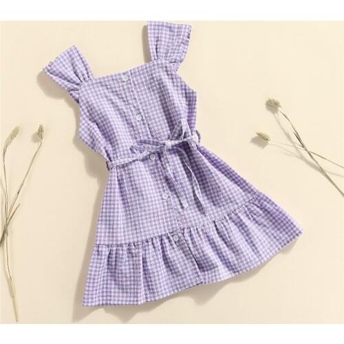 1-6 Years Baby Girls Purple Plaid Tank Dress Toddler Kids Sleeveless Ruffle Hem Single-Breasted High Waist A-Line Dress