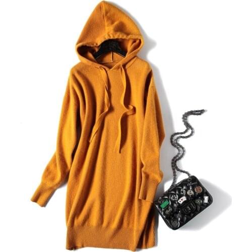 Cashmere wool blend knit women new fashion drawstring hooded sweatshirts pullover mid long beige 5color one size