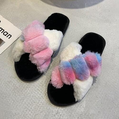 Autumn And Winter Women Hairy Slippers Womens Korean Rainbow Color Cross Toe One Word Warm Home Cotton Slippers