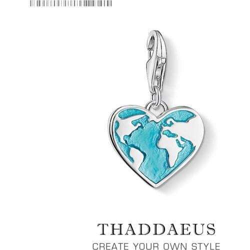 Vintage Blue Enamel Earth Globe Heart Charms Pendant DIY Jewelry Findings Accessories 925 Sterling Silver Gift For Women Men