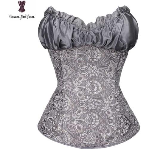 Ruffle Satin Bra Cup Overbust Corset Plus Size Gothic Sexy Flora Corselet Top Side Zipper Closure Korsett Women Outwear Bustier