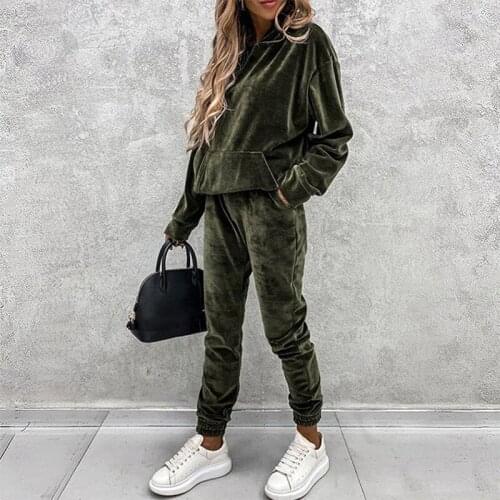 Velet Solid Women Hoodie 2 Pieces Set Long Sleeve Pockets Hooded And High Waist Pants Female Matching Suit Autumn Loose Casual