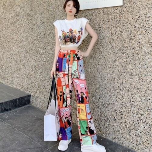 Summer Two-Piece Sets Women White T-Shirt Short Tops + Elastic Waist Graffiti Printed Wide Leg Pants Casual Streetwear Outfits