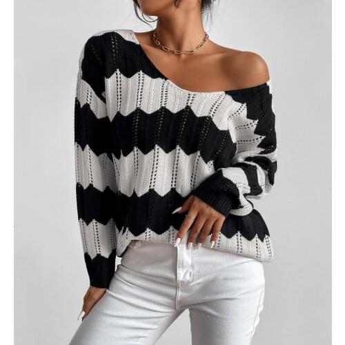 Women Autumn Winter Knitter Pullover Sweater Casual V Neck Hollow Out Striped Color Patchwork Winter Basic Sweaters Fall Tops