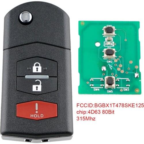 2+1Buttons 315MHz Remote Car Key Fob Replacement with 4D6380Bit Chip BGBX1T478SKE125 And Uncut Blade Fit for Mazda 2 5 CX-7 CX-9