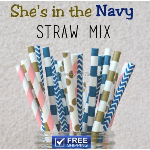 250pcs Mixed 5 Designs Shes In the Navy Paper Straws Retro, Gold, Baby Pink, Navy Chevron, Striped, Polka Dot, Sailor Stripe
