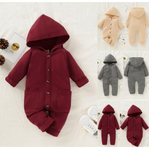 CANIS Autumn Infant Baby Boy Girl Long Sleeve Button Solid color Cotton Hooded Romper Jumpsuit Clothes Outfit