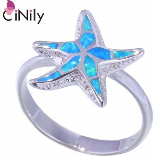CiNily Created Blue Fire Opal Silver Plated Wholesale Hot Sell Star for Women Jewelry New Year Gift Ring Size 6-8 OJ6877