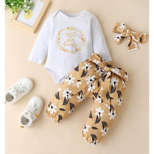 3Pcs Newborn Baby Girl Clothes Set Fashion Autumn Cotton Letter T-shirt Pants Headband Fall Toddler Infant Outfits Clothing Suit
