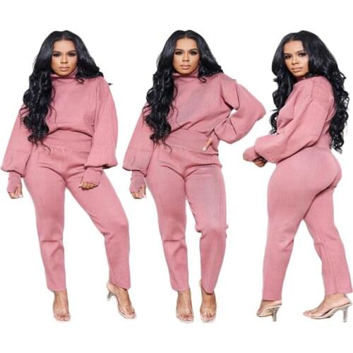 Spring and Autumn New Womens Temperament Solid Color Long-Sleeved High-Neck Fashion Casual Pants Two-Piece Suit