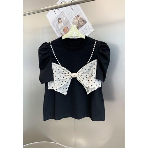 New 2021SS Summer Women White Bow Short Sleeve T-Shirt Female Casual Tee Tops Ddxgz2 7.07