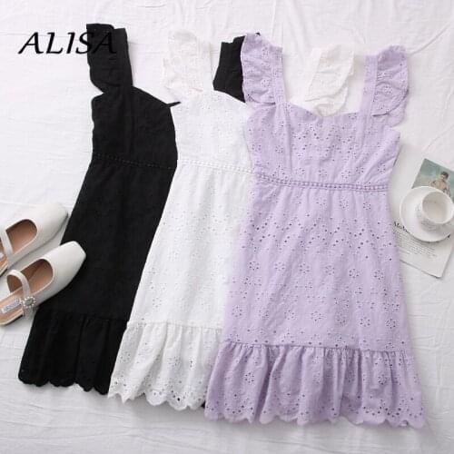 New Women Short Dress Summer Vintage Hollow Crochet High Waist Ruffles Mini Dresses Woman Slim Bocyon Dress Vestidos Mujer