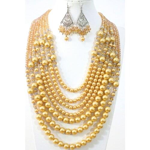 Newly Design Gold-yellow 7 Rows Necklace Earrings Round Imitation Pearl Crystal Beads Fashion Diy Jewelry Set B1314