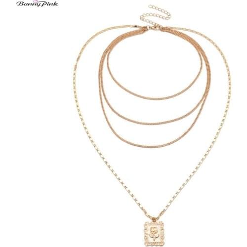 Banny Pink Fashion Multi-Layer Dangle Pendant Statement Necklace For Women Sexy Chains Rose Clavicle Choker Necklace Body Collar