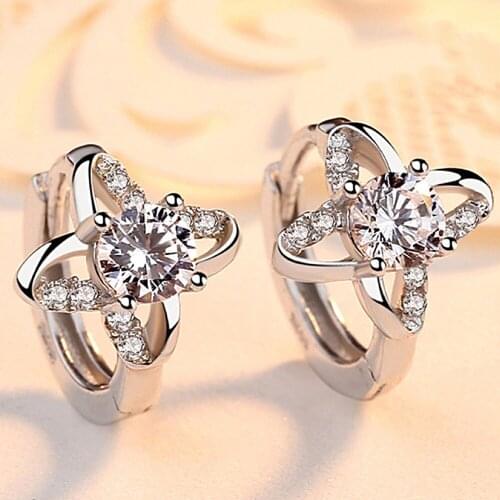 Lucky Clover Crystal Zircon Diamonds Gemstones Clip On Stud Earrings for Women White Gold Silver Color Jewelry Brincos Gifts New