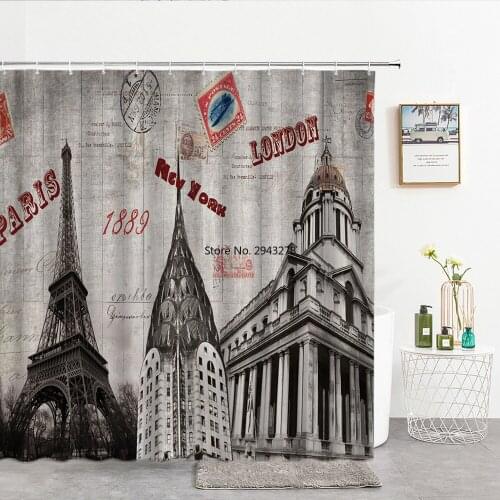 Retro Nostalgia Paris Tower Pattern Bath Shower Curtain Waterproof Decor Shower Curtains With Hooks Black white Bathroom Screen