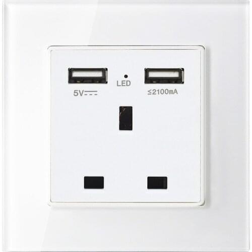 UK 13A British socket USB mobile phone charging British standard square foot three hole socket panel 86 toughened glass panel