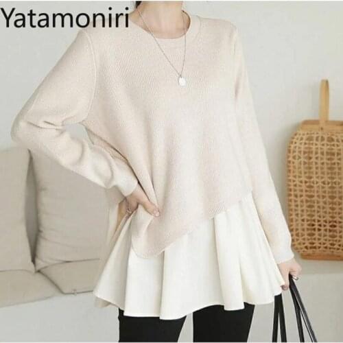 Yatamoniri Patchwork Fake Two Sweater Women O-neck Long Sleeve Loose Knitted Pullovers Tops 2021 Fashion Jumper Coat Female