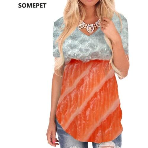SOMEPET Salmon T-shirt women Food V-neck Tshirt Harajuku T-shirts 3d Gradient Funny T shirts Womens Clothing Fashion Cool