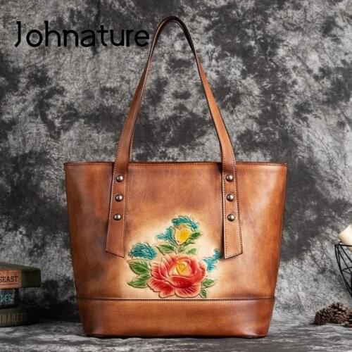 Johnature Retro Genuine Leather Casual Tote 2021 Women Bag Handmade Embossed First Layer Cowhide Handbag Floral Shoulder Bags
