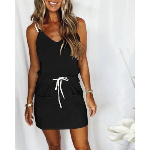 Womens Dresses Summer Casual Solid V-Neck Sleeveless Spaghetti Strap Dress Plus Size Sundress 2021 Drawstring Pocket Mini Dress