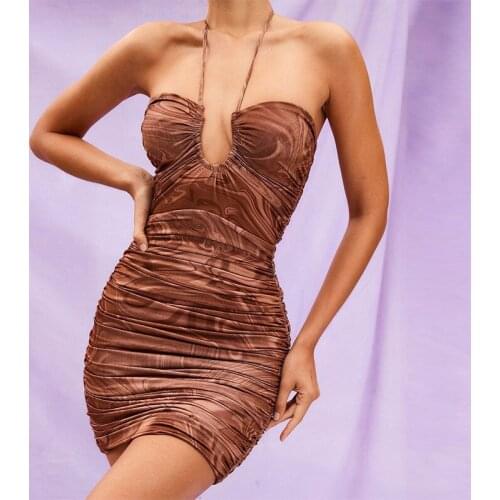 2021 Summer Tie-dye Pirnt Halter Mini Dress Women Sleeveless Tie-up U Neck Ruched Hip Dress Sexy Club Elegant Dresses Female