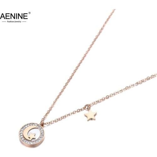 AENINE Vintage Design Stainless Steel CZ Crystal Star & Moon Pendant Necklaces Trendy Shell Chain Necklace For Women AN19117