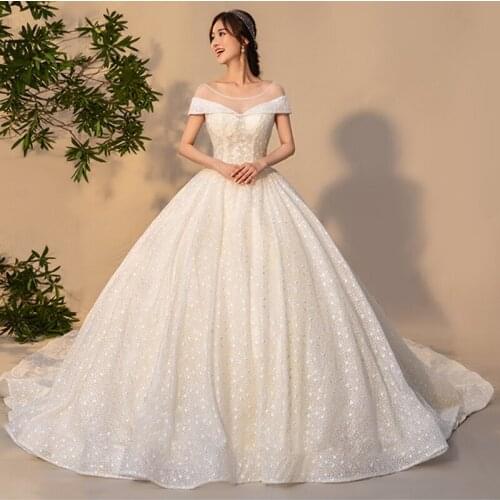 O Neck New Wedding Dress with Royal Train 2020 Short Sleeves Plus sizes Vestido De Noiva vestido de festa Ball Gown