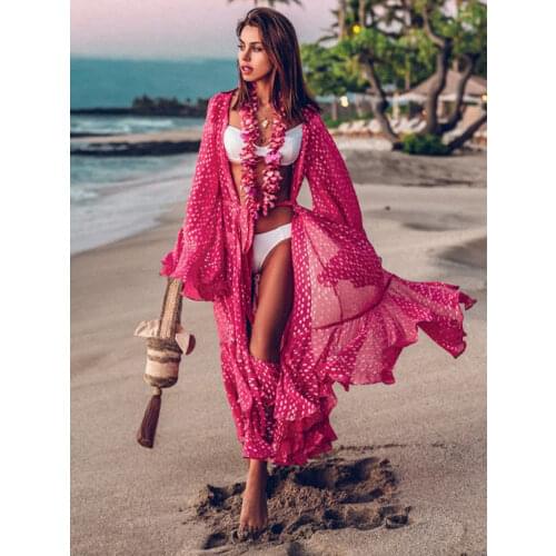 2021 Sexy Bikini Cover Up Chiffon Plus Size Beach Cover Up Long Cardigan Polka Dot Printed Beach Dress Summer Swimsuit Cover Up