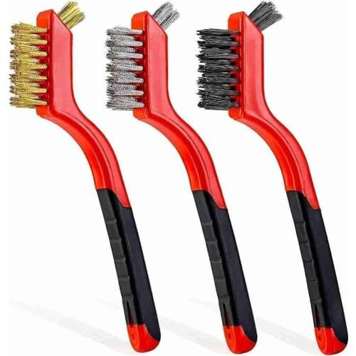 3Pcs Industrial Cleaning Brush Nylon/Brass Steel Bristles with Curved Handle Grip for Rust Remove
