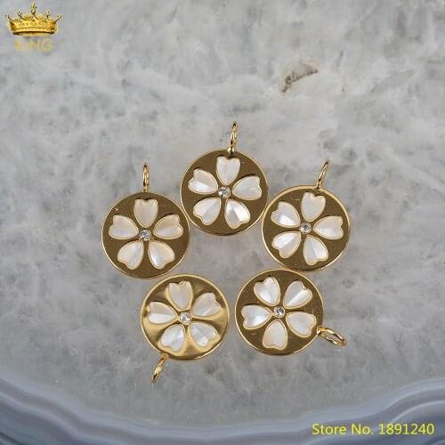 5pcs Natural White Shell Coin Beads Pendant Findings,Inlay Heart Shell Beads Gold Simple Charms For DIY Jewelry Accessories