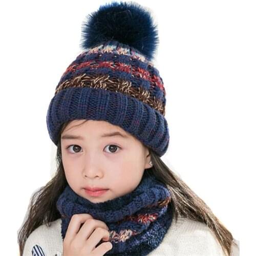 Child Winter Knitted Hat Scarf Set Girls Warm Plush Warm Beanies Plush Hat And Ring Scarf Mix Color Big Kid Pom Pom Cap Scarves