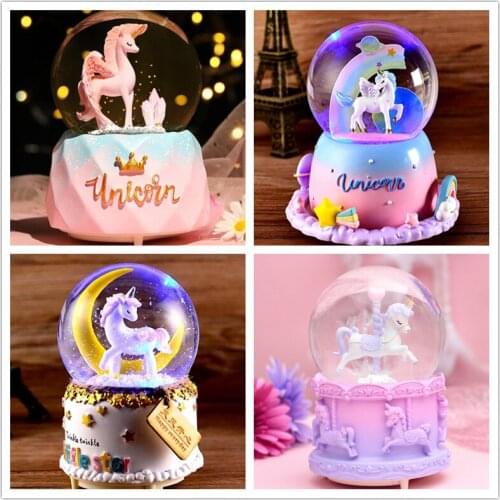 Unicorn horse Crystal Ball Music Box Girl Birthday Gifts Star Moon Rainbow Glowing Snowflakes Home Decoration Desktop Ornament