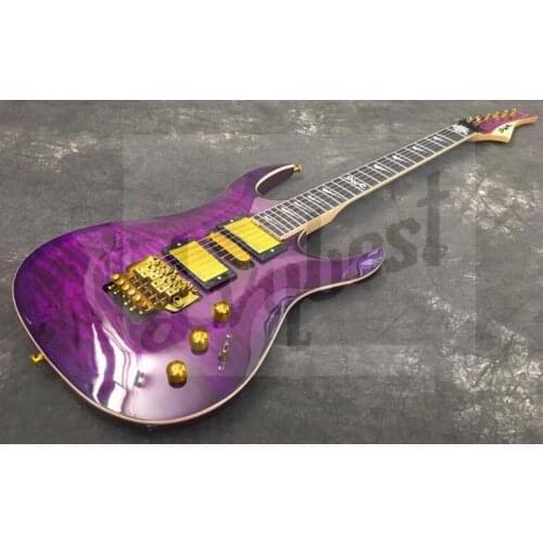 Electric guitar purple burst customized headstock and body shape,own logo ,designed abbalone fingerboard inlay,gold parts