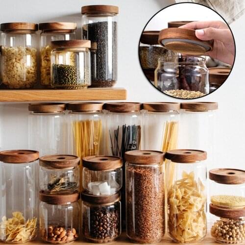 Glass Airtight Canister Clear Jars Cereal Container Food Storage Bottles Coffee Tea Storage Jar Can with Wood Lids FreeHome & Ga