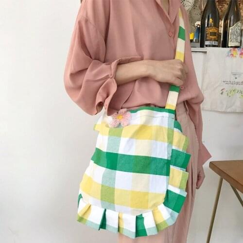 Korean Green Plaid Canvas Bag Women Flower Shoulder Bag Sweet Large Reusable Shopping Bag Handbag Books Bag for Girl Students
