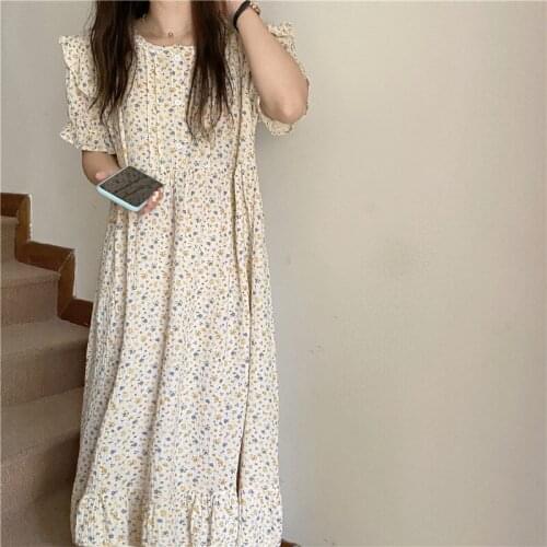 Summer Sleepwear Floral Print Long Nightgowns Women Homewear Dresses Short Sleeve Nightdress Korea Home Clothes Sleepdress