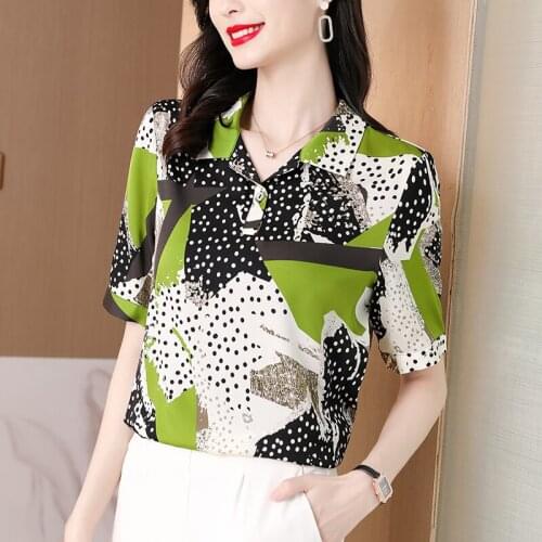 Summer Womens Shirt Casual Polka Dot Satin Silk Shirt Ladies Fashion Short Sleeve Work Tops