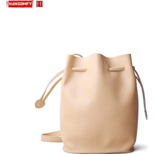 Small Bag Women Messenger Bag Genuine Leather Tassel Bucket Bag Female Crossbody Bag Simple Casual Shoulder Bag Cowhide Leather