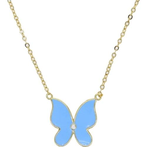 2021 New Korean Super Fairy Girl Fantasy Glass enamel Butterfly Pendant Necklace Female Clavicle Chain pink Necklace