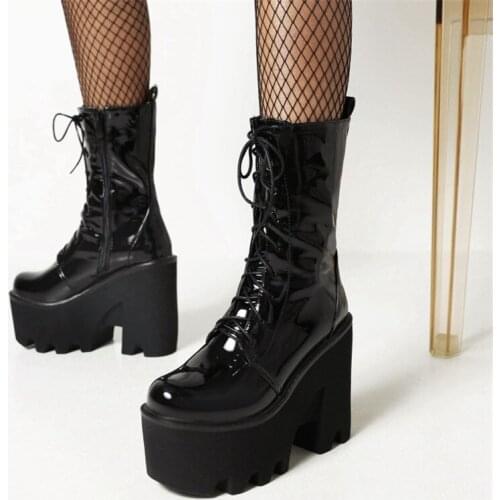 PXELENA 2022 Winter Women Combat Martin Boots Chunky Block High Heels Shoes Lace Up Thick Sole Platform Punk Gothic Boots 36-44