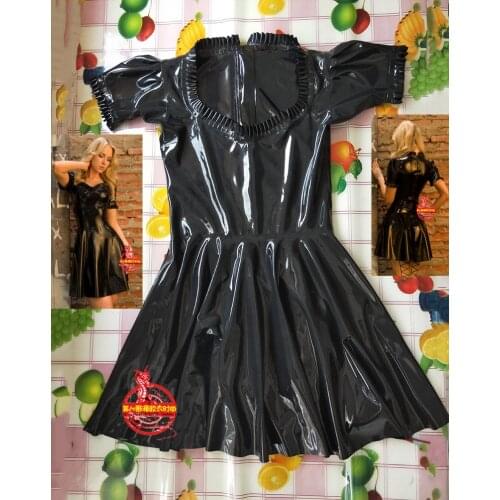 Sexy Women Black Latex Dress Fetish Lace Sleeve Rubber Skirt Slim with Back Zip